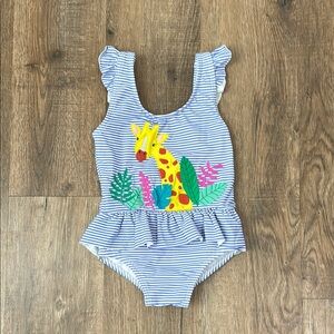Baby Boden, Striped Blue Ruffle Swimsuit with Giraffe Print
